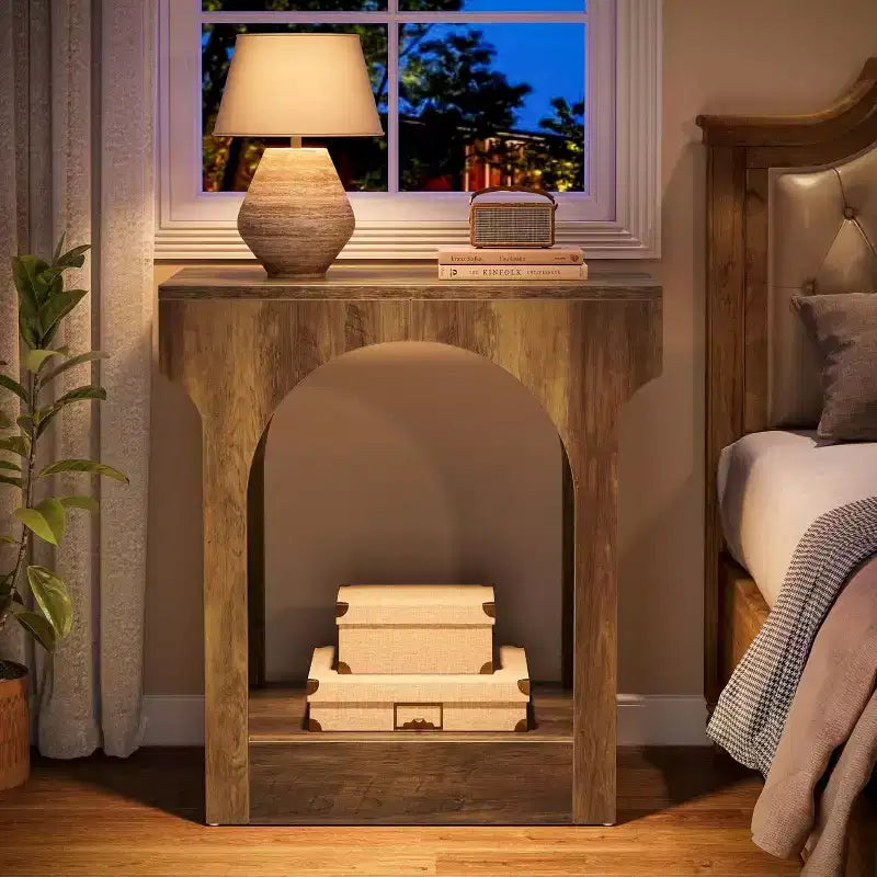 Table d'appoint Wood End avec espace de rangement, table de chevet étroite