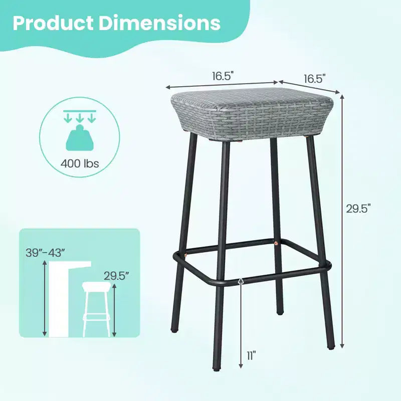 Tabourets hauts en métal avec assise en rotin et repose-pieds