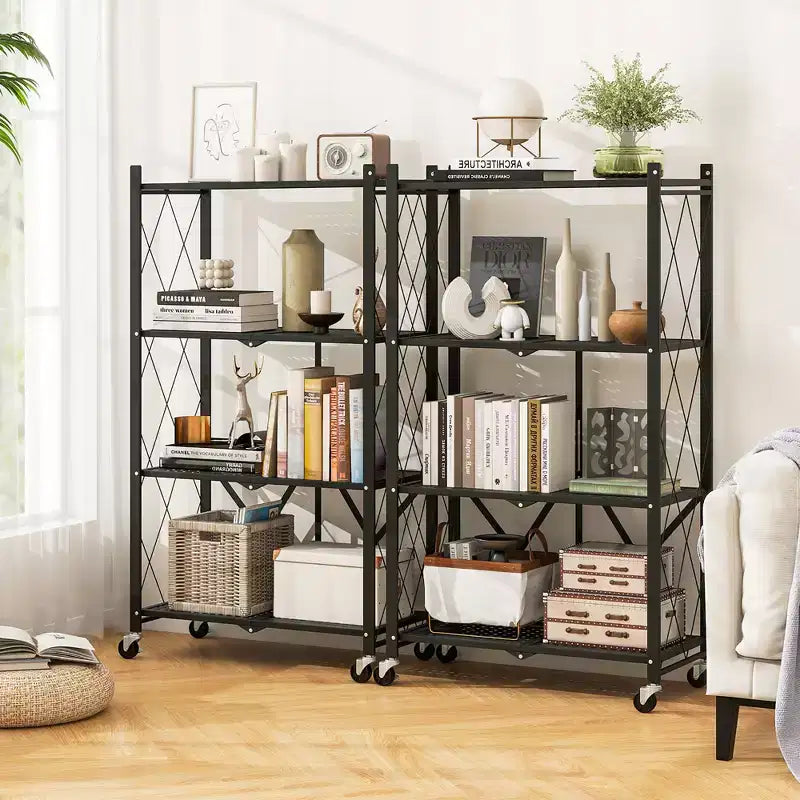 Étagère de rangement pliable à 4 niveaux avec 4 roulettes universelles