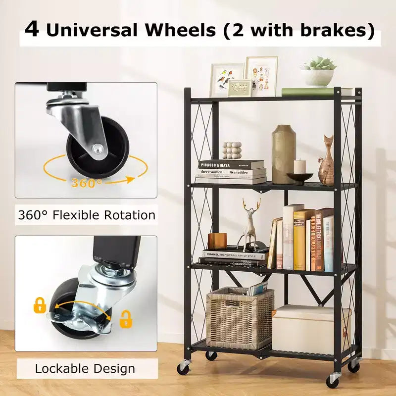Étagère de rangement pliable à 4 niveaux avec 4 roulettes universelles