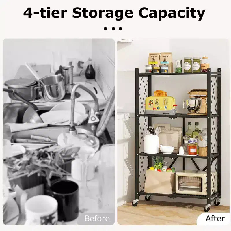 Étagère de rangement pliable à 4 niveaux avec 4 roulettes universelles
