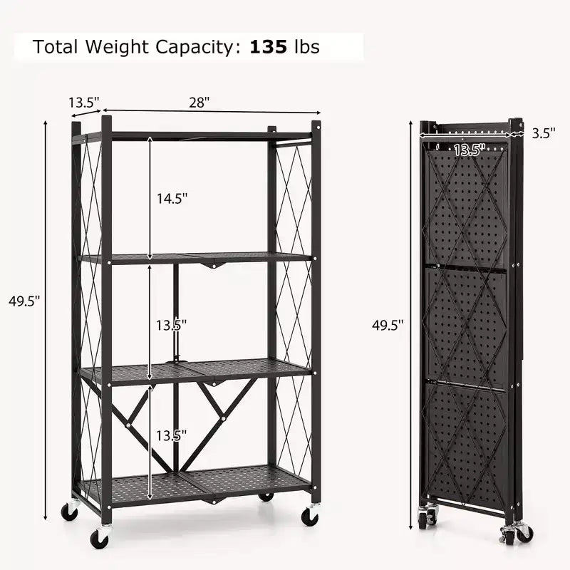 Étagère de rangement pliable à 4 niveaux avec 4 roulettes universelles