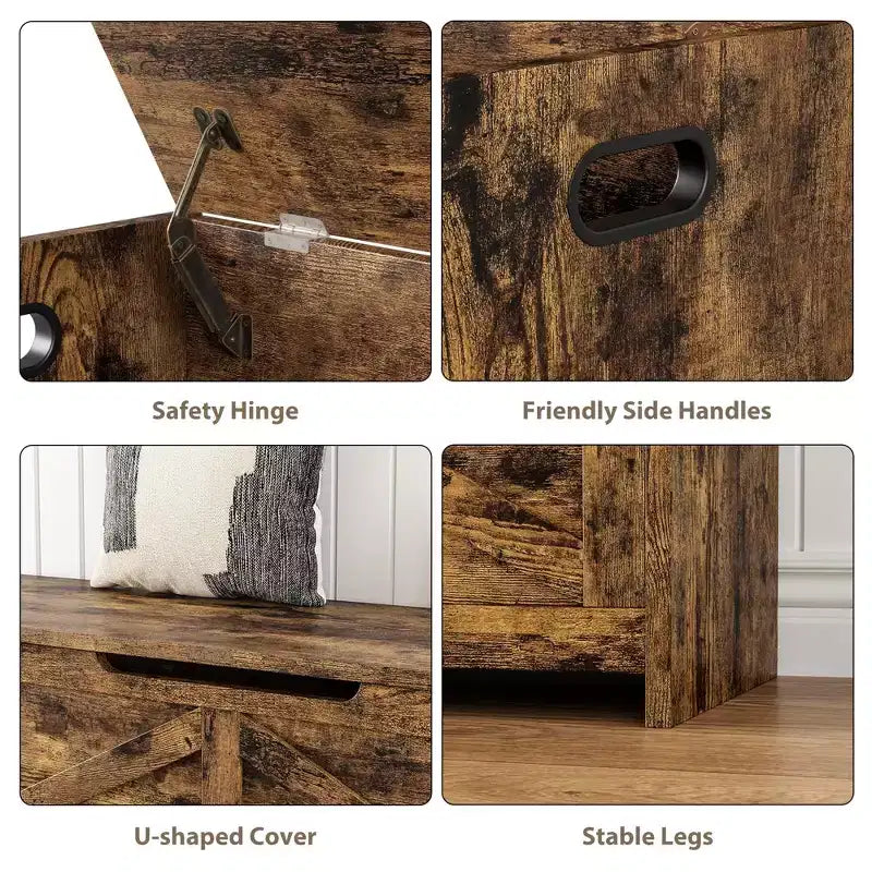 Banc de rangement en bois avec charnières de sécurité ; grand banc à chaussures