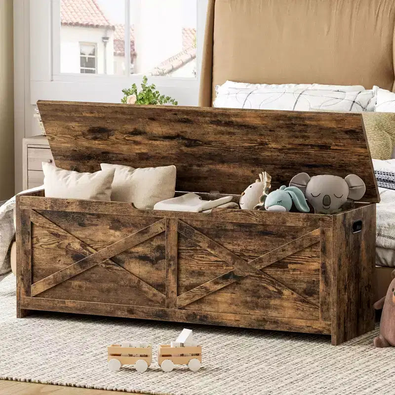 Banc de rangement en bois avec charnières de sécurité ; grand banc à chaussures