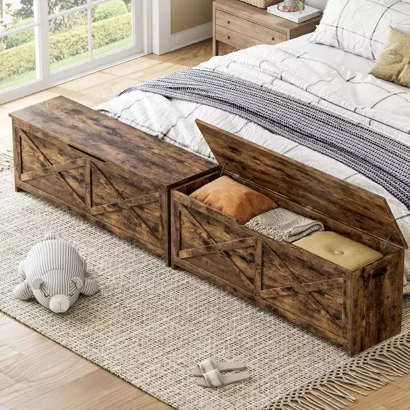 Banc de rangement en bois avec charnières de sécurité ; grand banc à chaussures