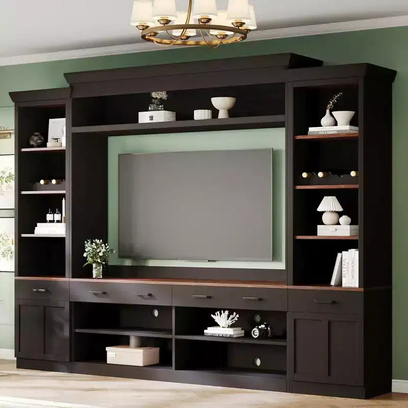 Entertainment Wall Unit with Bridge for 70 inch TV; Mid-Century Large Media Console with Bookshelf and Adjustable Shelves