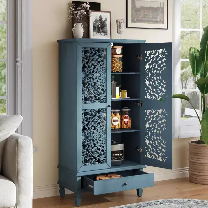 Freestanding Storage Cabinet Kitchen Pantry Accent Cabinet Decorative Sideboard Display Cabinet with Drawer & 2 Carved Door; Antique Retro - ModernLux