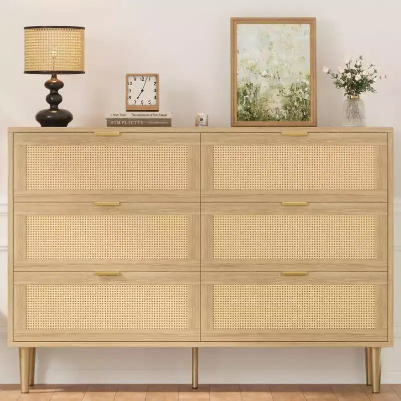 Commode large double moderne en rotin à 6 tiroirs