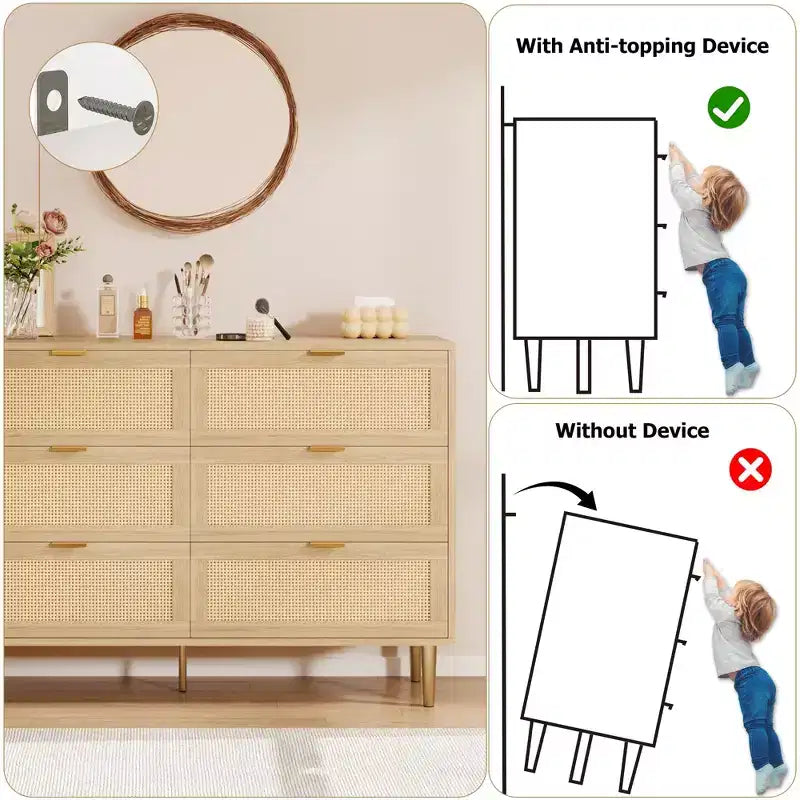 Commode large double moderne en rotin à 6 tiroirs