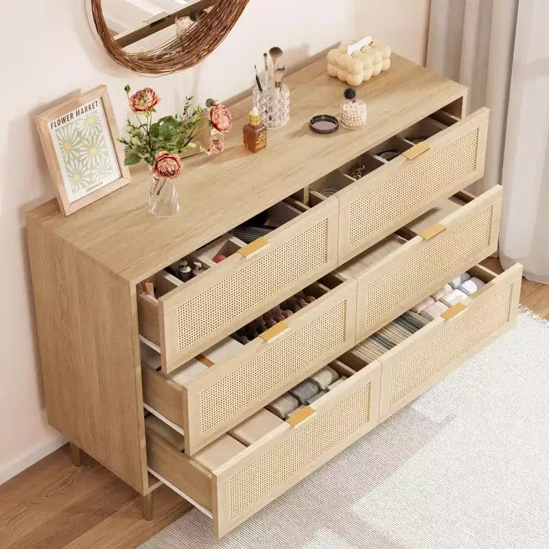 Commode large double moderne en rotin à 6 tiroirs