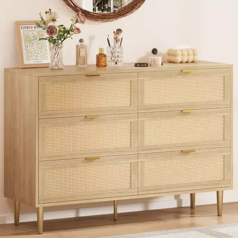 Commode large double moderne en rotin à 6 tiroirs