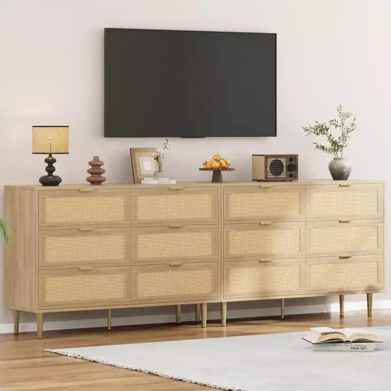 Commode large double moderne en rotin à 6 tiroirs
