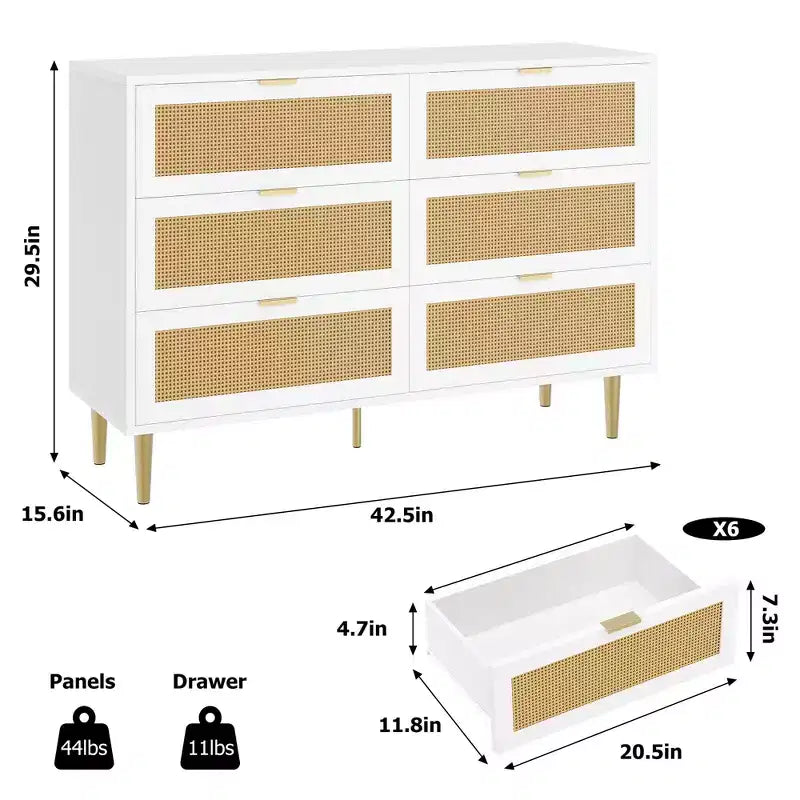 Commode large double moderne en rotin à 6 tiroirs