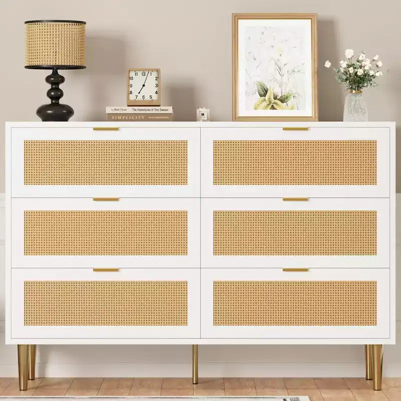 Commode large double moderne en rotin à 6 tiroirs