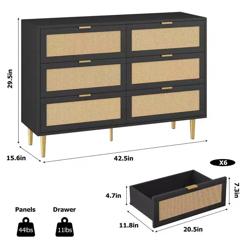 Commode large double moderne en rotin à 6 tiroirs