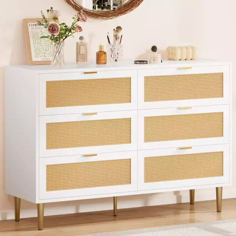 Commode large double moderne en rotin à 6 tiroirs