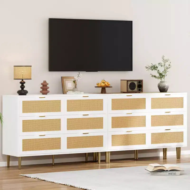 Commode large double moderne en rotin à 6 tiroirs