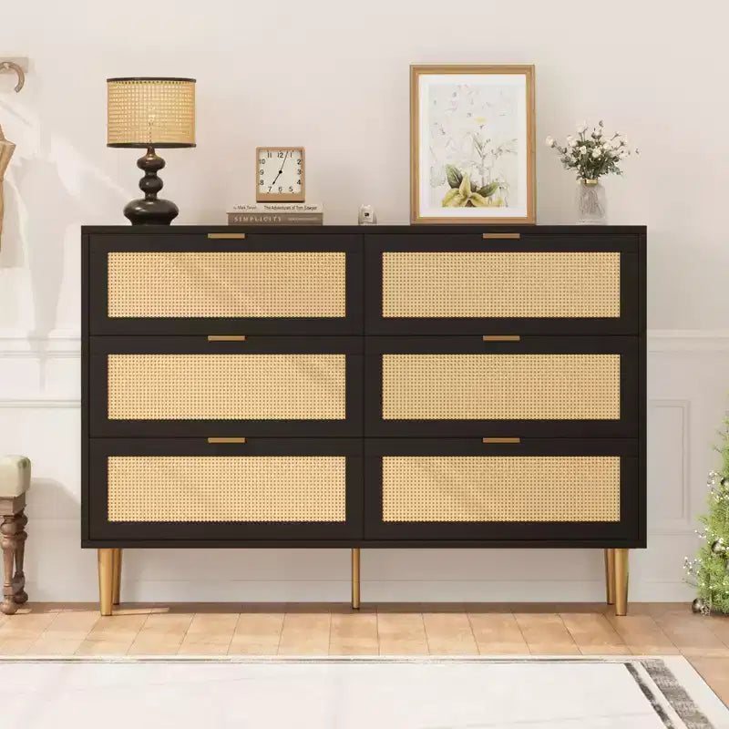 Commode large double moderne en rotin à 6 tiroirs