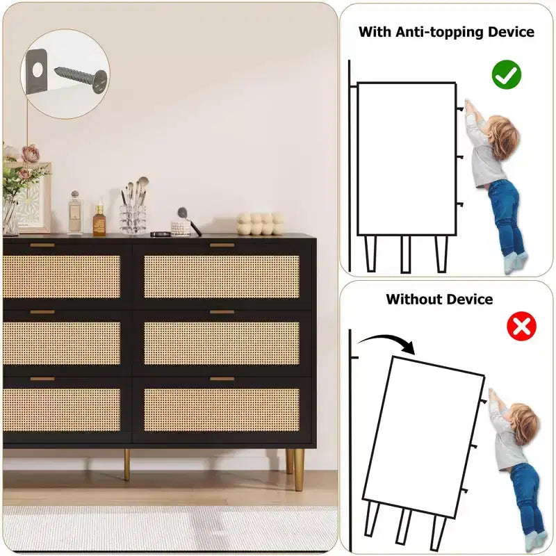 Commode large double moderne en rotin à 6 tiroirs