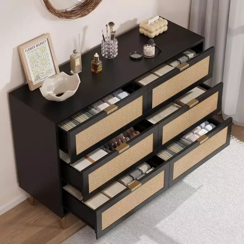 Commode large double moderne en rotin à 6 tiroirs