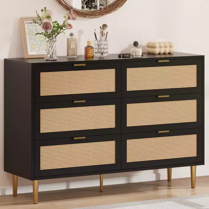 Commode large double moderne en rotin à 6 tiroirs