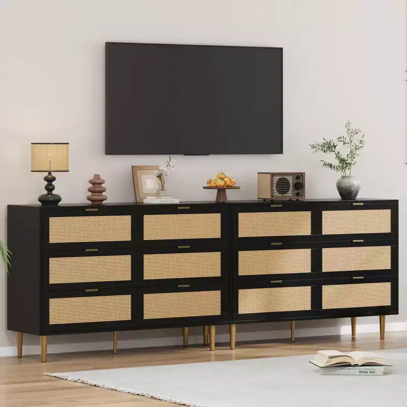 Commode large double moderne en rotin à 6 tiroirs