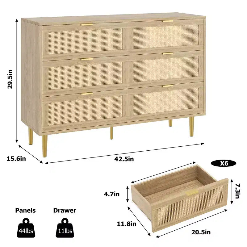 Commode large double moderne en rotin à 6 tiroirs