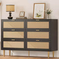Rattan 6-Drawer Dresser with Gold Legs & Handles; Modern Wide Double Dresser with Large Tabletop & Anti-Tipping for Bedroom & Living Room