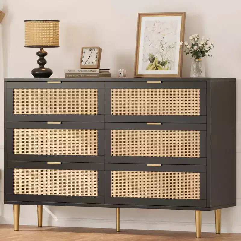 Rattan 6-Drawer Dresser with Gold Legs & Handles; Modern Wide Double Dresser with Large Tabletop & Anti-Tipping for Bedroom & Living Room