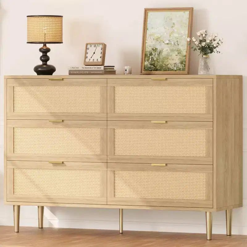 Commode large double moderne en rotin à 6 tiroirs