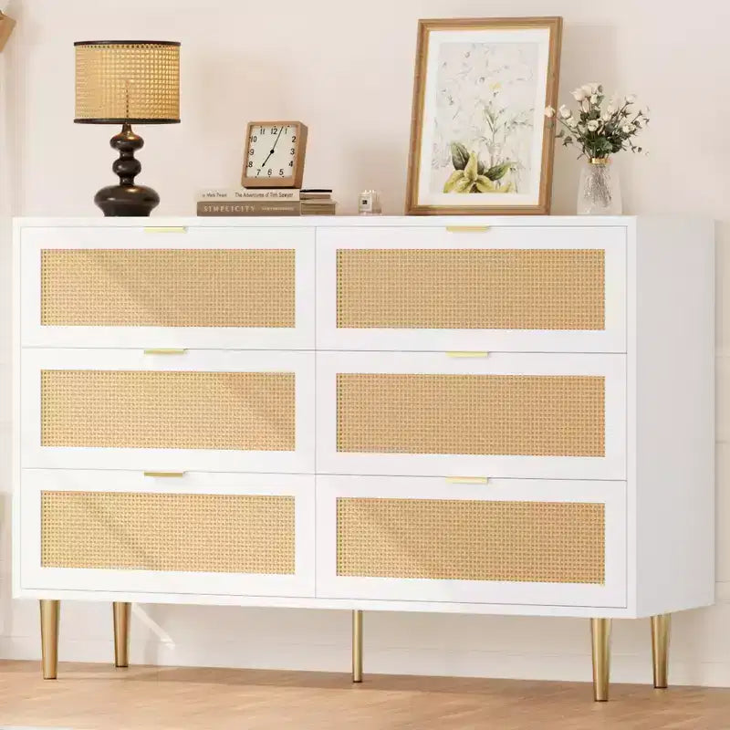 Commode large double moderne en rotin à 6 tiroirs