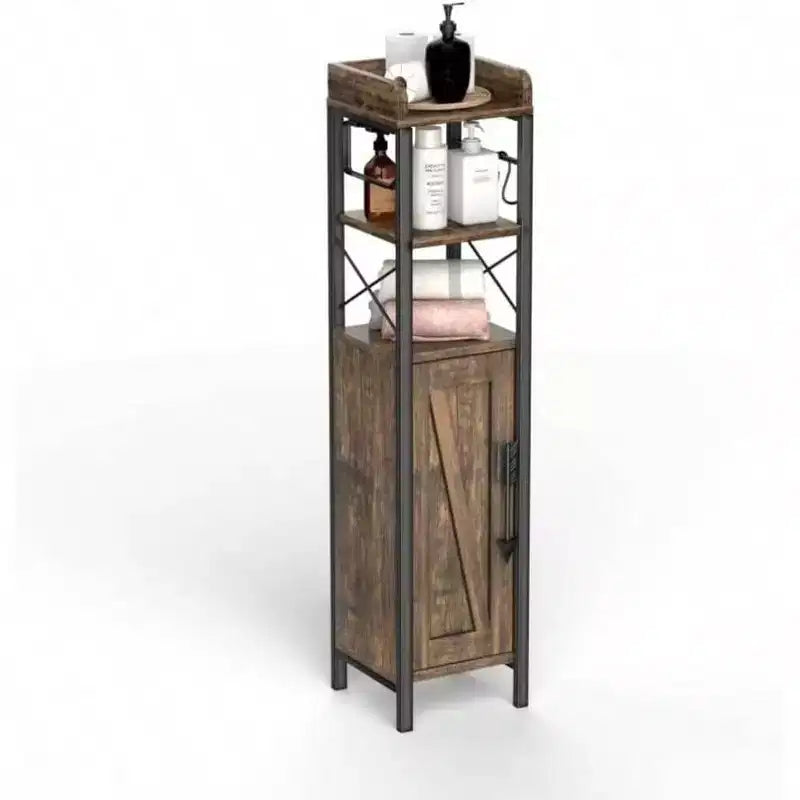 Small Bathroom Cabinet with Door and 2 Shelves; Slim Metal Toilet Paper Holder; Narrow Storage Organizer for Tiny Space