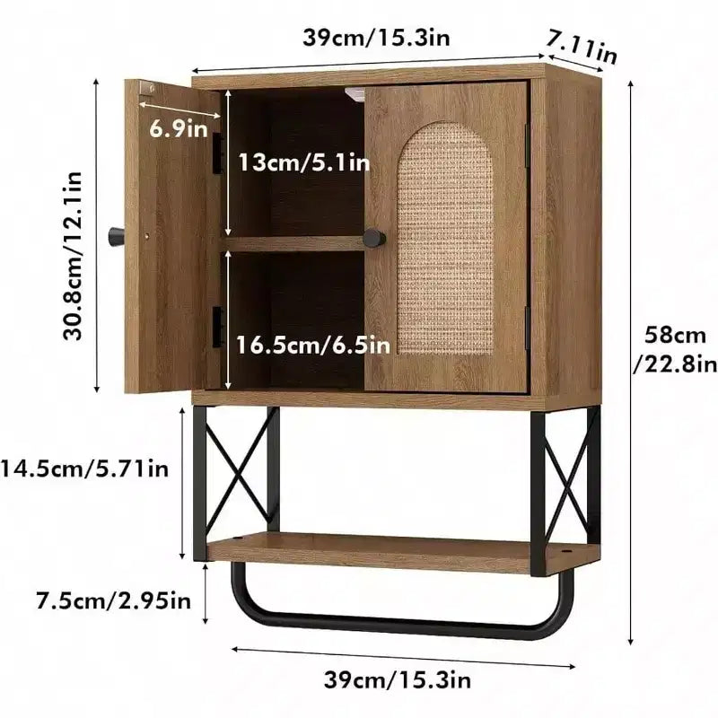 Meuble Haut de Salle de Bain en Rotin, Rangement Mural Bohème au-dessus des Toilettes avec Portes en Rotin Bombées