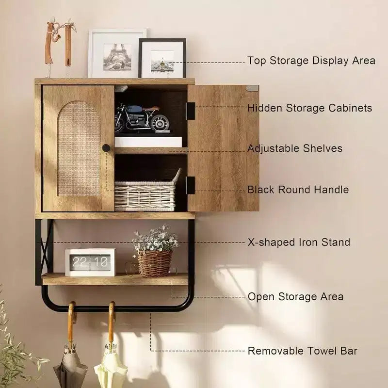 Meuble Haut de Salle de Bain en Rotin, Rangement Mural Bohème au-dessus des Toilettes avec Portes en Rotin Bombées