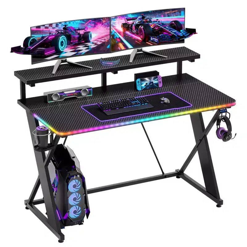 RSPGAME Basic 43 Music Sync Lighting Gaming Desk; X-Shape Ergonomic Monitor Stand Gamer Table; PC Desk with Cup Holder and Headset Hanger