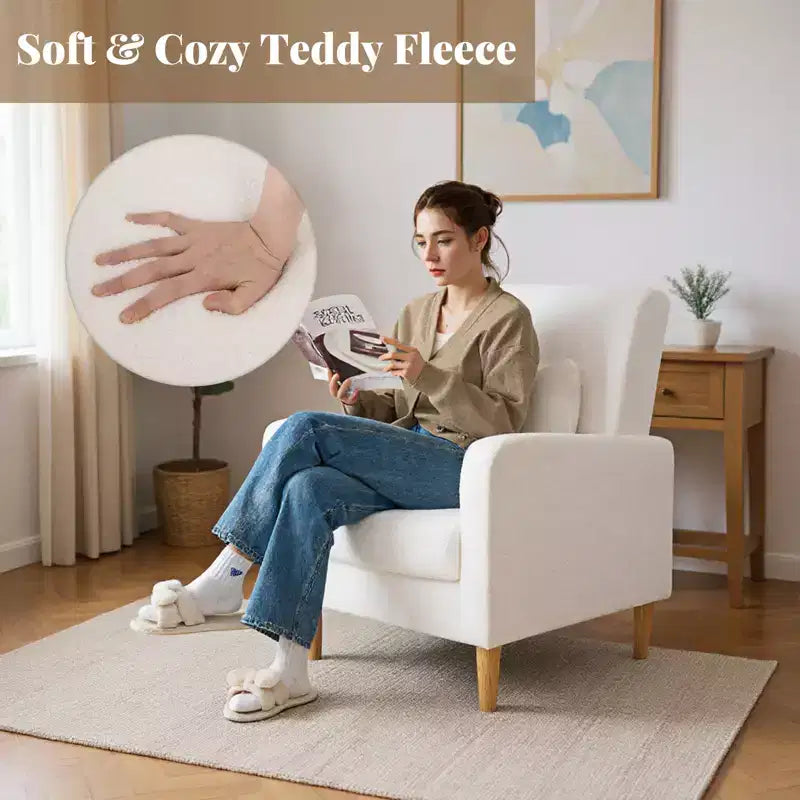 Fauteuil d'appoint avec coussin lombaire Housse en polaire Teddy Pieds en bois d'hévéa