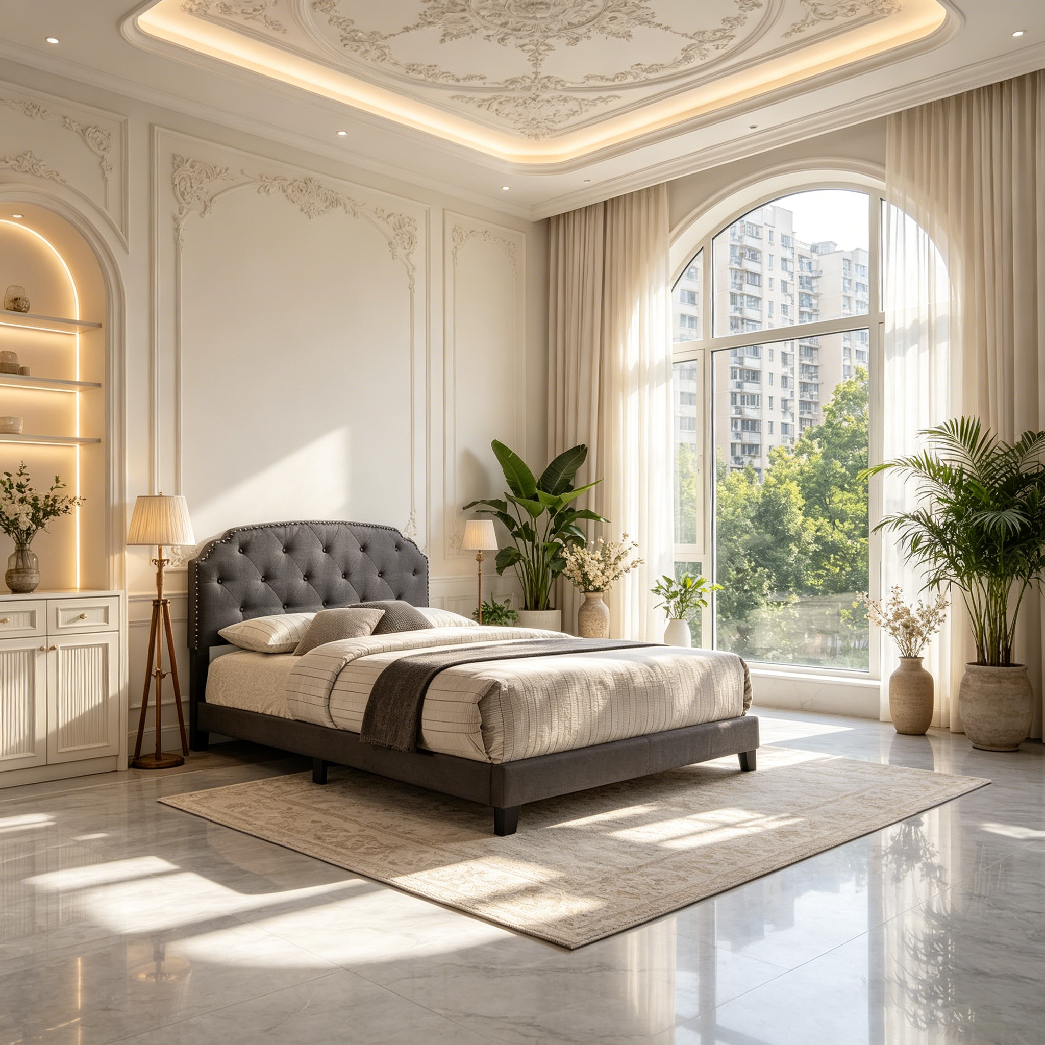 Grand lit Queen ; Tissu gris