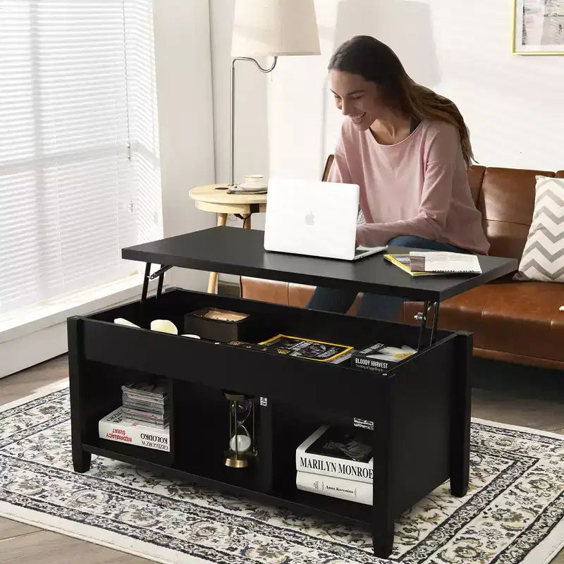 Table basse relevable avec compartiment de rangement caché et étagères