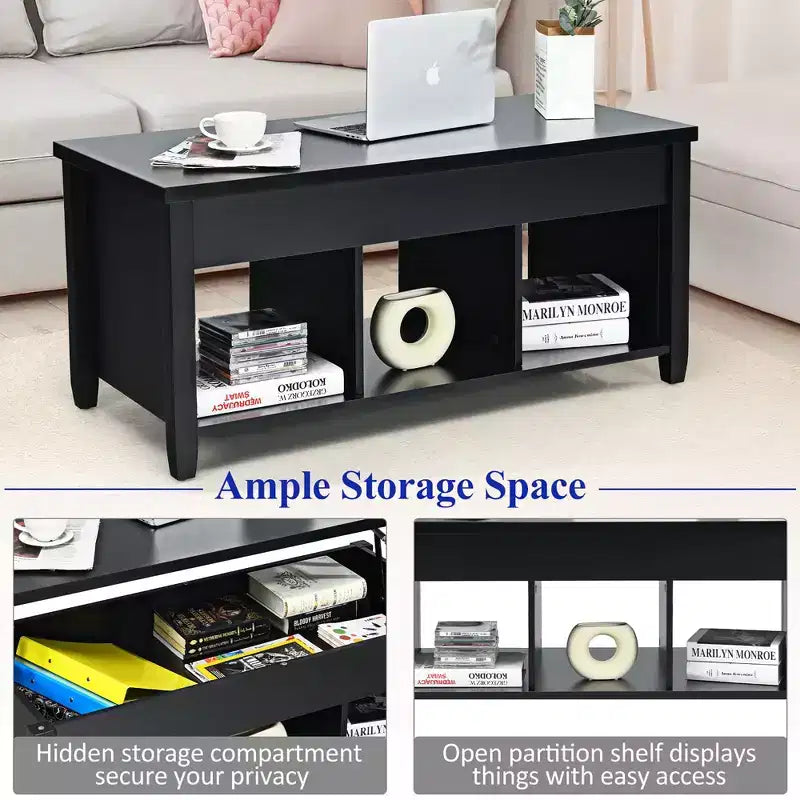 Table basse relevable avec compartiment de rangement caché et étagères