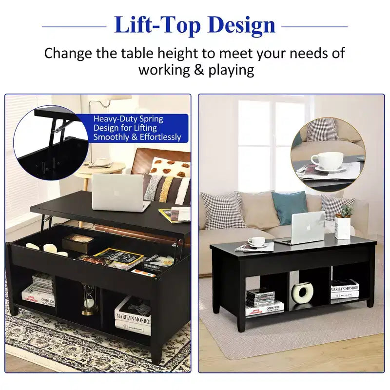 Table basse relevable avec compartiment de rangement caché et étagères