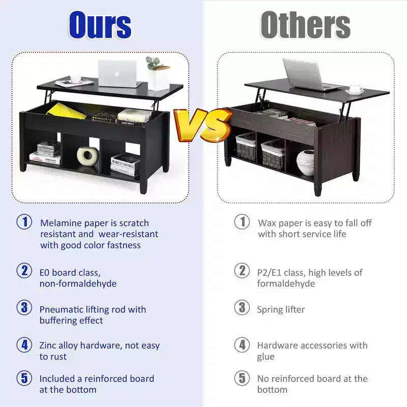 Table basse relevable avec compartiment de rangement caché et étagères