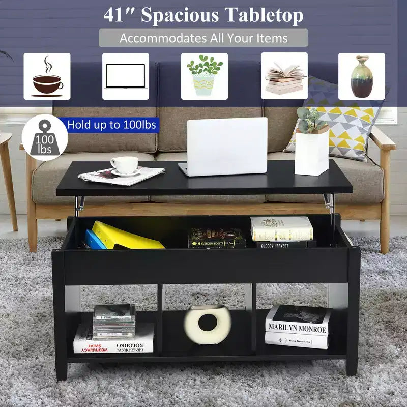 Table basse relevable avec compartiment de rangement caché et étagères